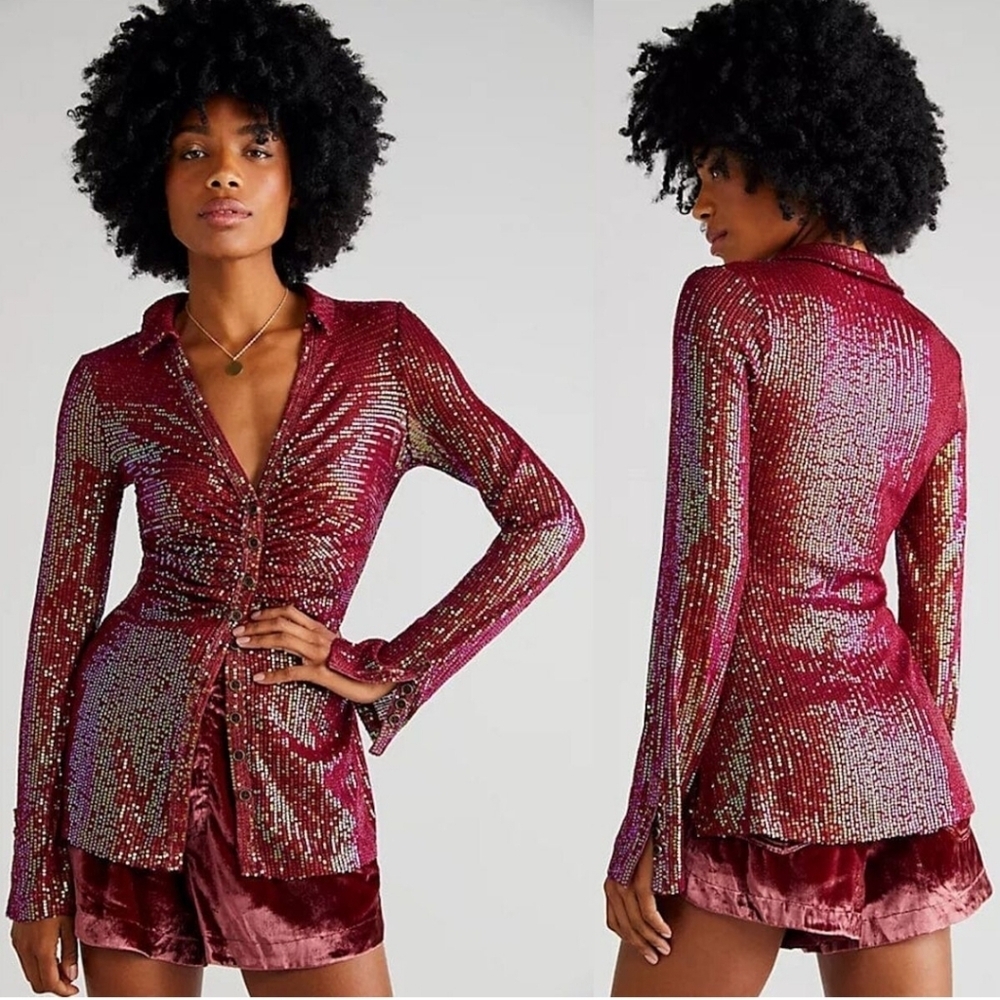 Free People NWTs Sequin Shirtee Blouse Top